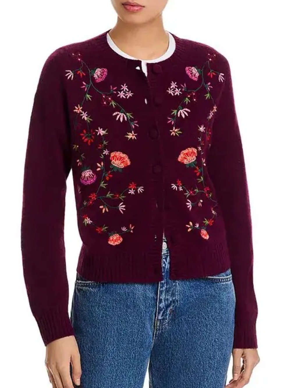 NWT BLOOMINGDALE'S Cashmere Crewneck Cardigan Sweater -Heather Burgundy size M